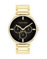 Calvin Klein Dress Womens Gold Stainless Steel Quartz Calendar Black Dial With Crystals Gold Stainless Steel Bracelet Watch