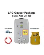 Package Super Asia 6 Liter Instant Geyser GH-106 White, BGC Cylinder 5 Kg, 3 Star Regulator And Gas Pipe - Installments