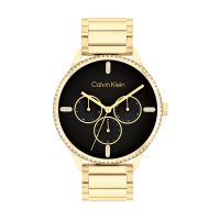 Calvin Klein Dress Womens Gold Stainless Steel Quartz Calendar Black Dial With Crystals Gold Stainless Steel Bracelet Watch