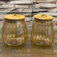 Golden Airtight Glass Jar 650ml with Bamboo Top Pull Ring 1pcs