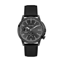 Guess Mens Black Stainless Steel Case Black Dial With Date Black Geniune Leather Band Watch