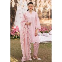 Cross Stitch 3 Pcs Embroidered Jacquard Unstitched lawn Cameo Pink