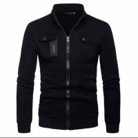 Black Patchwork Pocket Zipper Jacket For Men 
