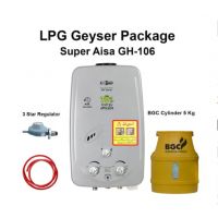 Package Super Asia 6 Liter Instant Geyser GH-106 White, BGC Cylinder 5 Kg, 3 Star Regulator And Gas Pipe - Installments