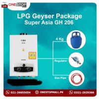Package Super Asia (GH 206) 6 Liter Instant Geyser White, New Star Cylinder 4 Kg, 3 Star Regulator And Gas Pipe 6 Feet - Without Installments