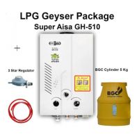 Package:  Super Asia Instant Geyser 10 Liter GH-510 White, BGC Cylinder 5 Kg, 3 Star Regulator And Gas Pipe - Installments