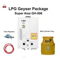 Package: Super Asia Instant Geyser 06 Liter GH-506 White BGC Cylinder 5 Kg 3 Star Regulator And Gas Pipe - Installments